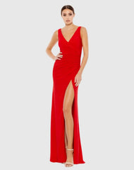 Red Faux Wrap Sleeveless V Neck Gown