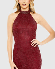 Red Hand Embellished Halter Neck Midi Sheath Dress
