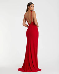 Red Plunge Neck High Slit Gown
