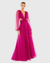 Purple Ruched Cut Out Puff Sleeve A Line Gown