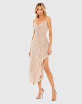 Beige Sequined Faux Wrap Ruffled Asymmetrical Hem Dress