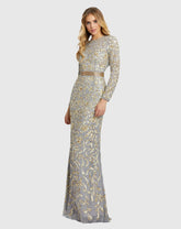 Silver Long Sleeve Embellished Gown