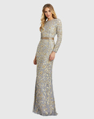 Silver Long Sleeve Embellished Gown