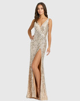 Beige and Silver Sleeveless Diagonal Sequined V-Neck Gown - FINAL SALE