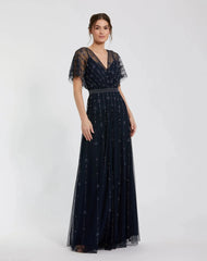 Navy V Neck Embellished Flutter Sleeve A Line Gown