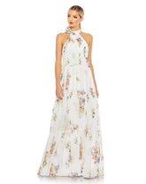 White Floral Print Ruched Tiered High Neck Bow Gown