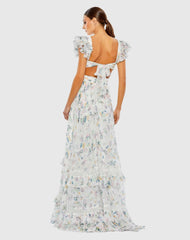 White Floral Ruffled Cut Out Flowy Maxi Dress