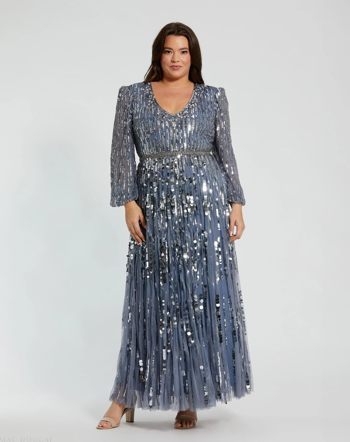Blue Long Sleeve V-Neck Embellished Gown (Plus)