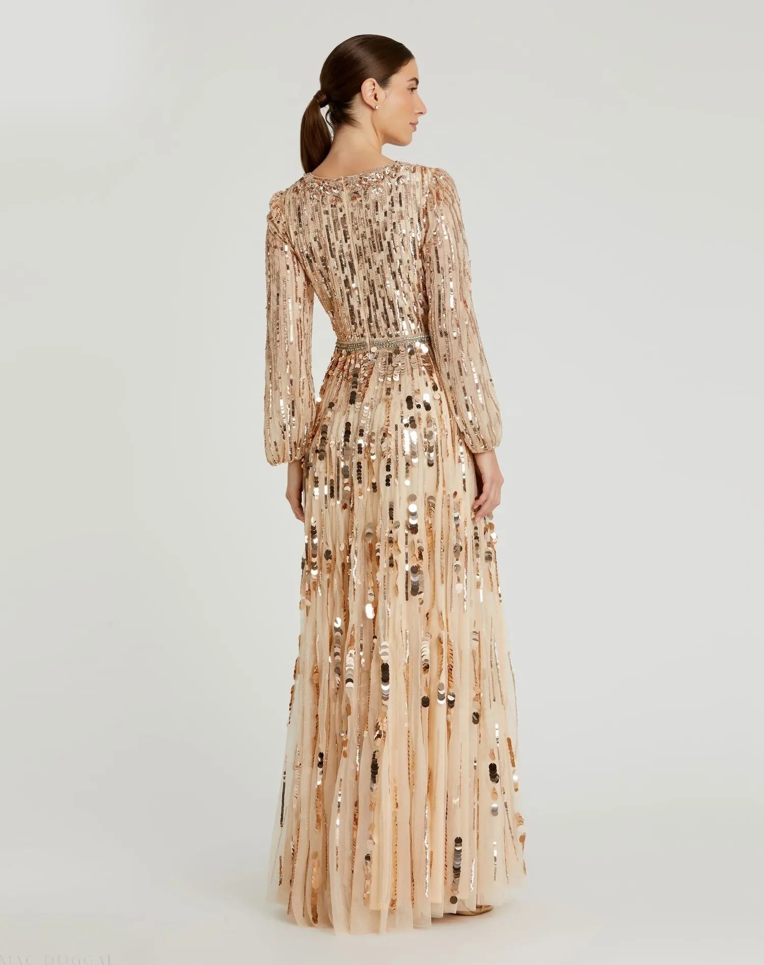 Beige Embellished Mesh Long Sleeve V Neck Gown