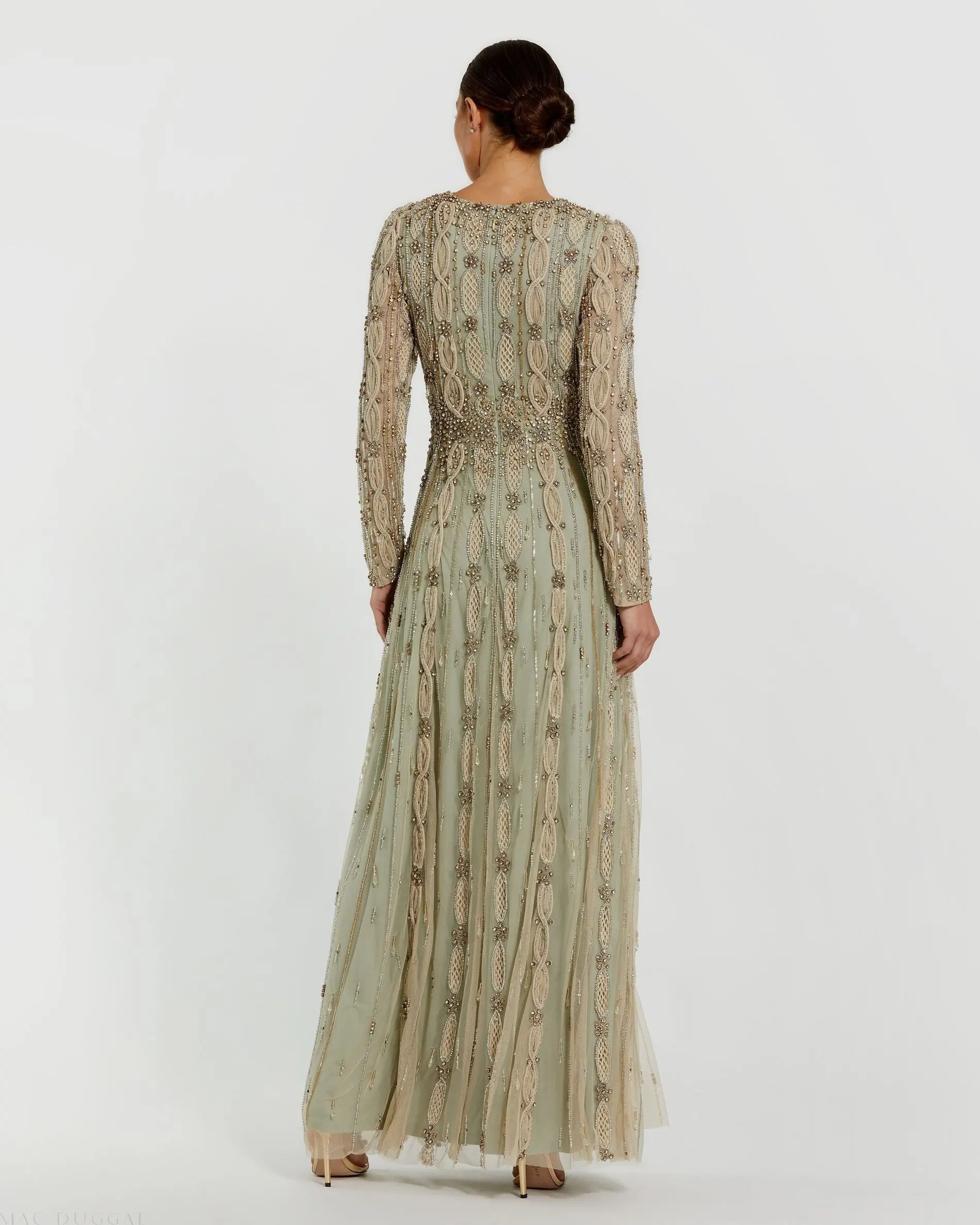 Green Embellished Mesh Long Sleeve A Line Gown