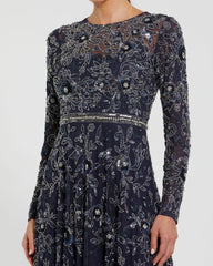 Navy Long Sleeve Floral Embellished A-line Gown
