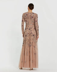 Beige Long Sleeve Floral Embellished A-line Gown
