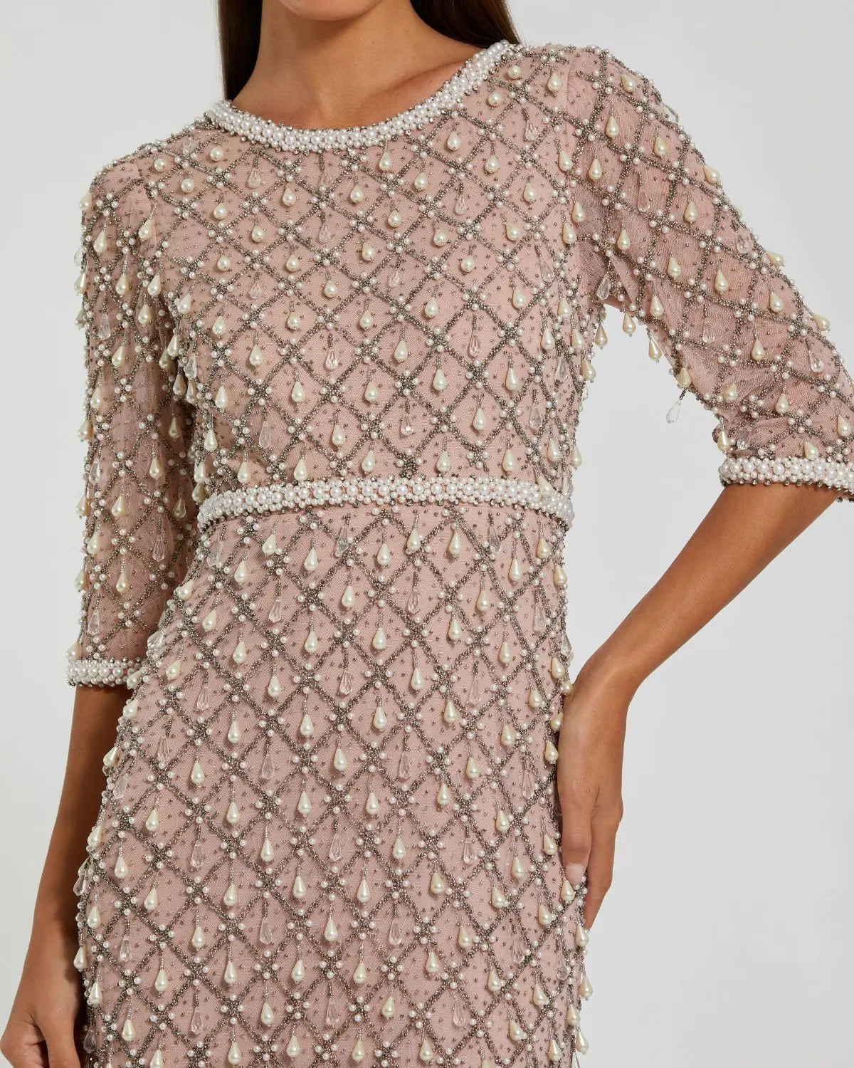 Pink Pearl Embellished 3/4 Sleeve Gown