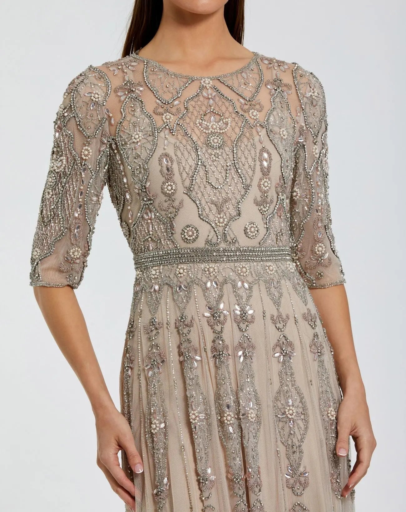 Beige 3/4 Sleeve Embellished A-line Gown