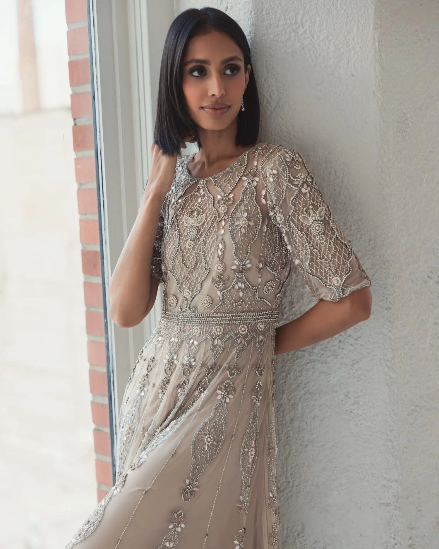 Beige 3/4 Sleeve Embellished A-line Gown