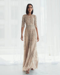 Beige 3/4 Sleeve Embellished A-line Gown
