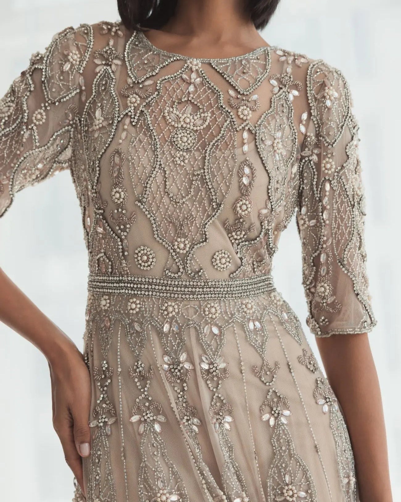 Beige 3/4 Sleeve Embellished A-line Gown