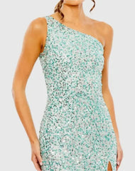 Blue Sequined One Shoulder Gown With Slit