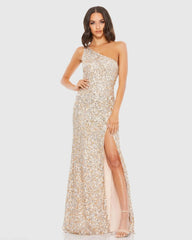 Beige Sequin One Shoulder Gown With Slit