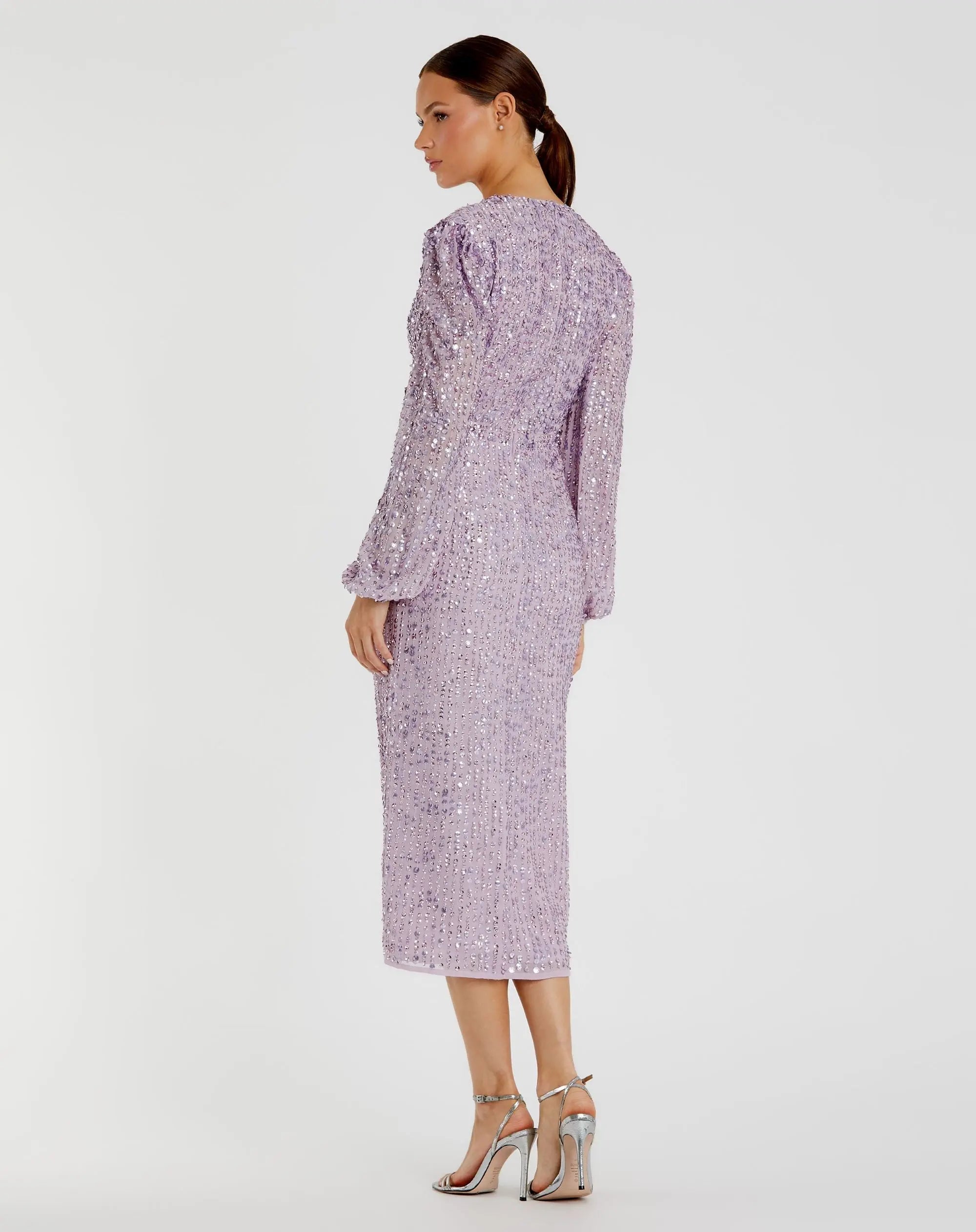 Purple Sequined Illusion Puff Sleeve V Neck Midi Dress