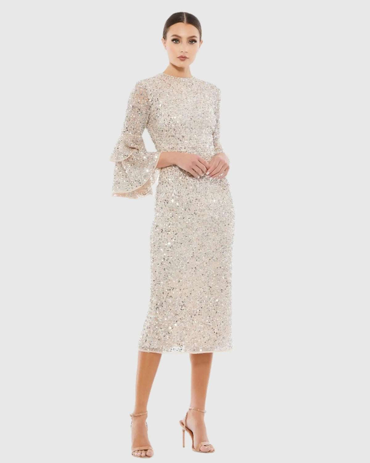Beige and Silver Fully Sequined Ruffle Tiered 3/4 Sleeve Midi Dress