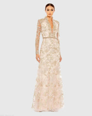 Beaded Queen Anne Lace Long Sleeve V-neck Trumpet Gown