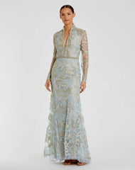 Beaded Queen Anne Lace Long Sleeve V-neck Trumpet Gown