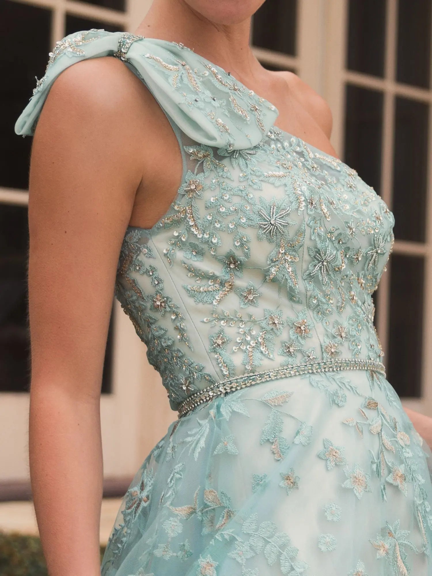 Green Embellished Bow One Shoulder A Line Gown