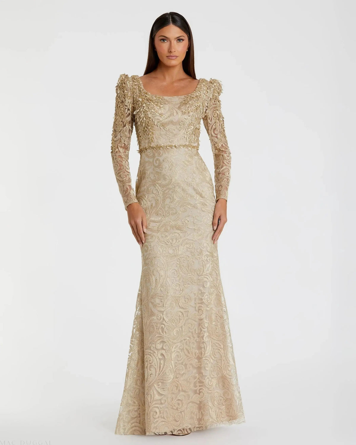 Gold Embroidered Lace Applique Shoulder Detail Trumpet Gown