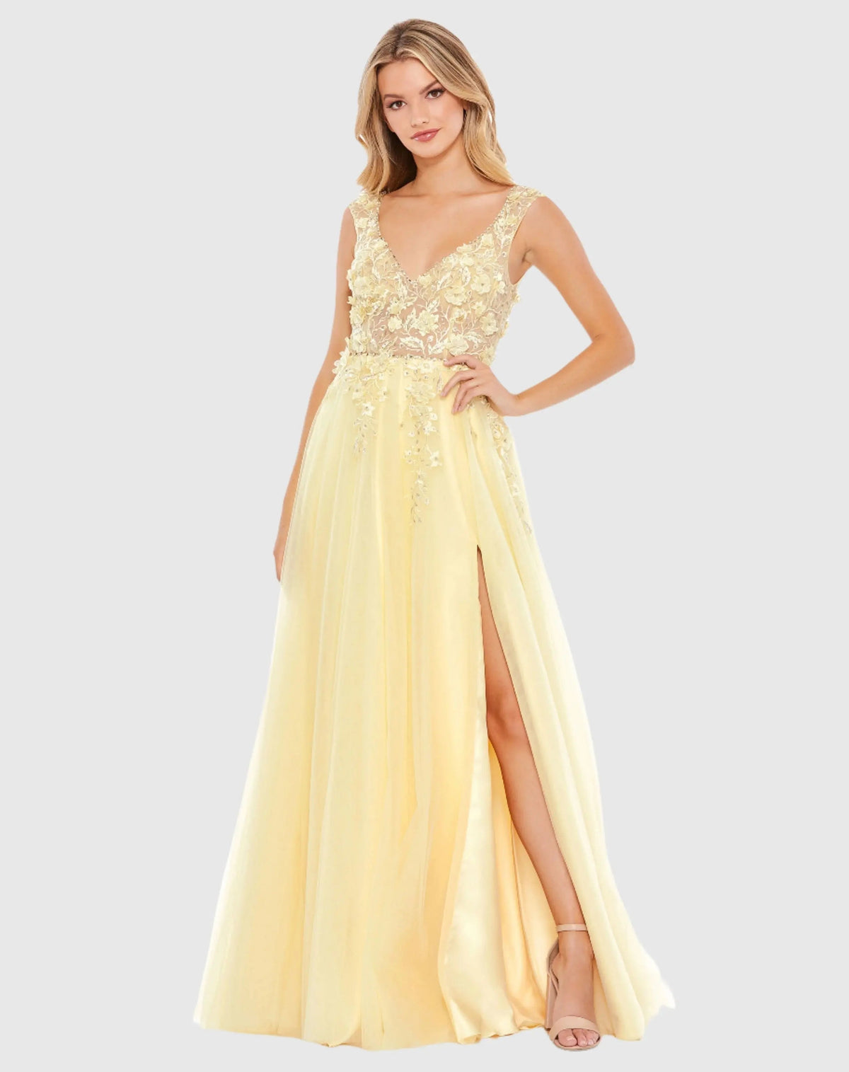 Yellow Embellished Illusion Bustier A Line Gown