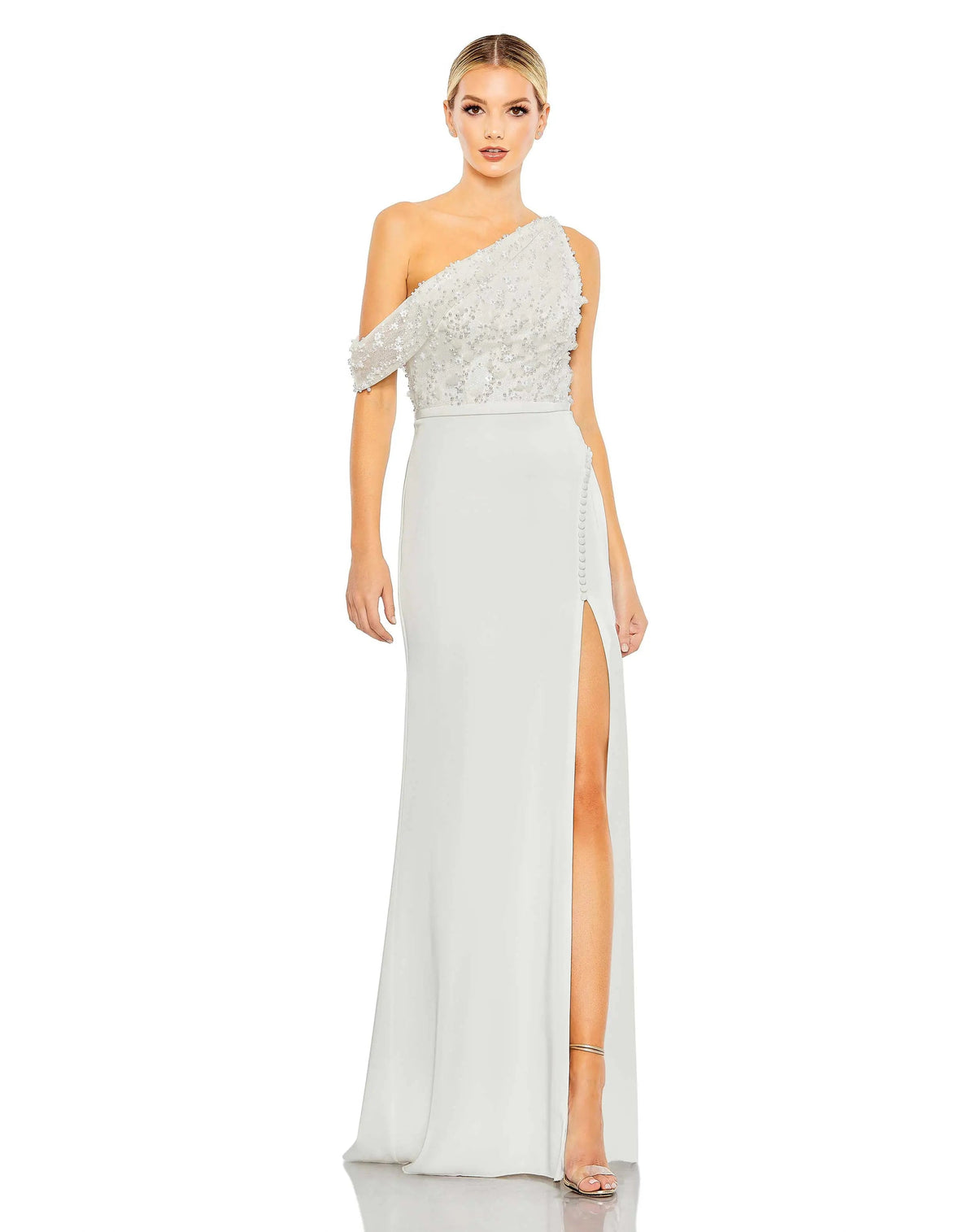 White Embellished Drop Shoulder Column Gown