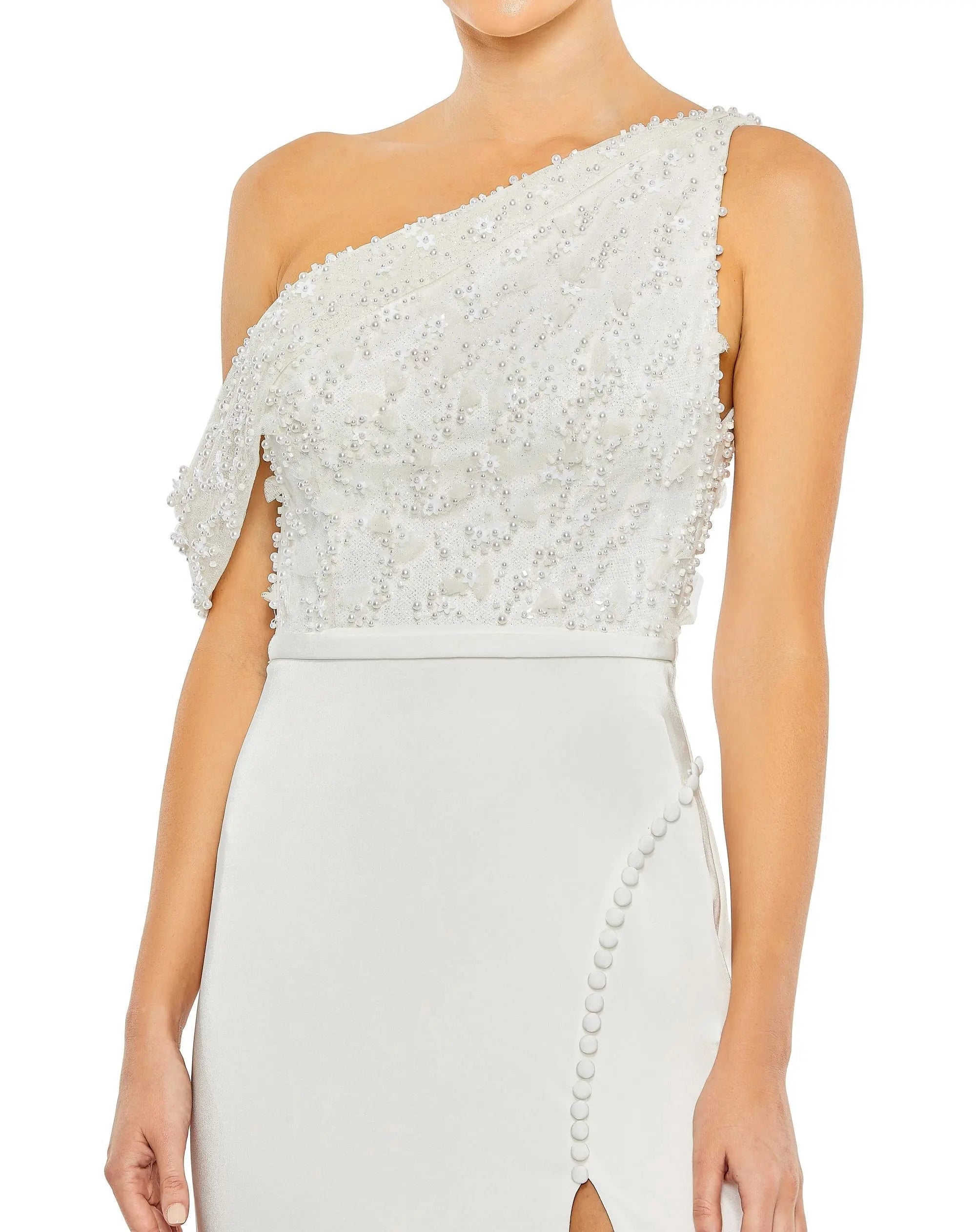 White Embellished Drop Shoulder Column Gown