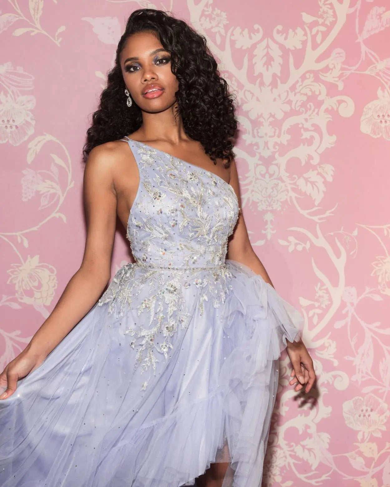 Purple Embellished One Shoulder Asymmetrical Hem Gown