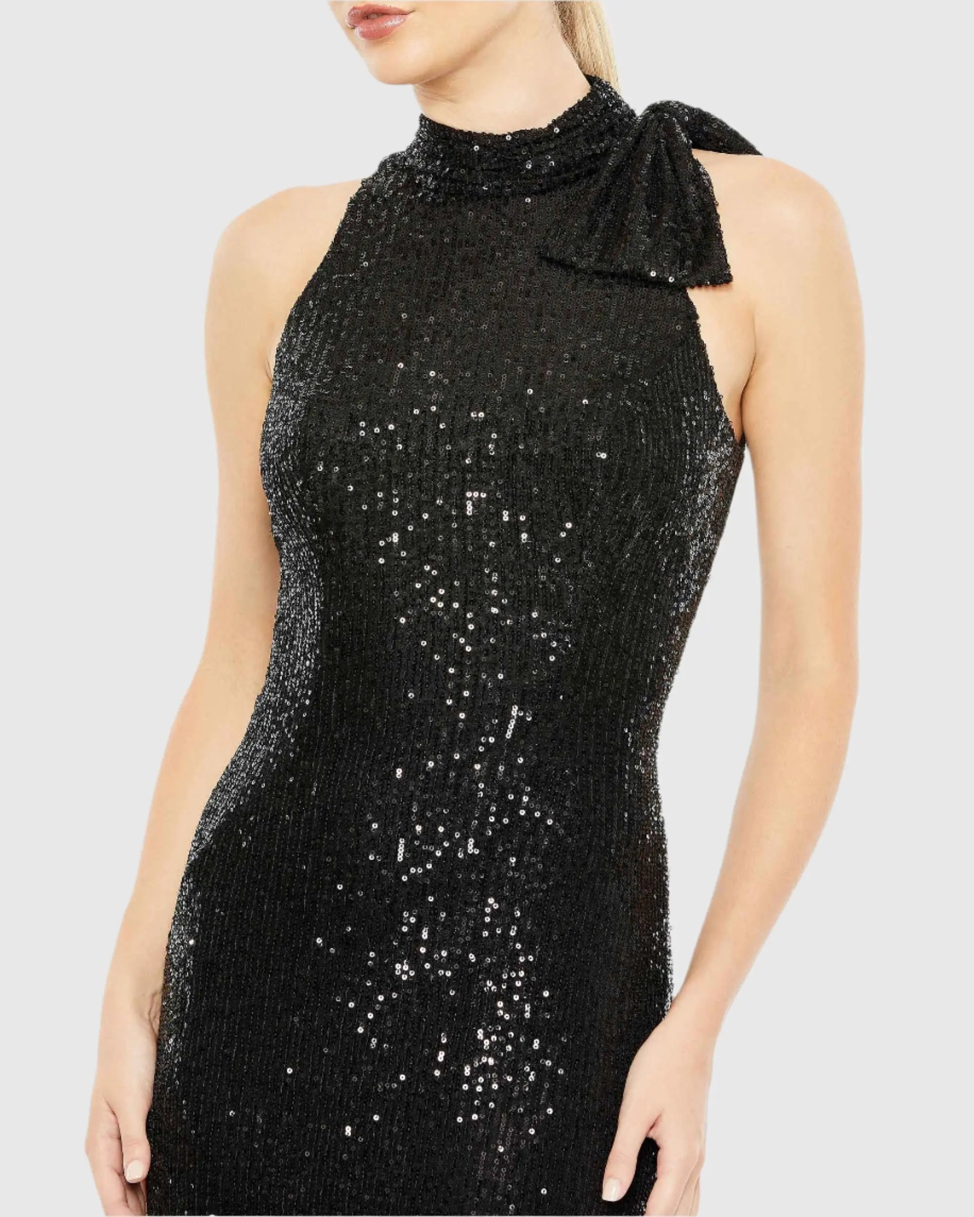 Black Soft Tie Halter Neck Sequin Gown