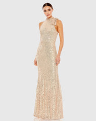 Gold Soft Tie Halter Neck Sequin Gown