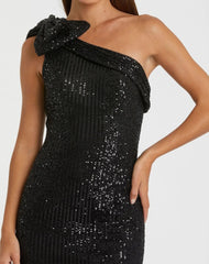 Black Sequined Bow One Shoulder Column Gown