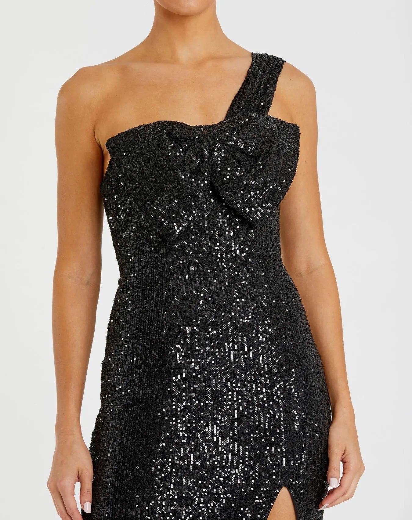 Black Sequined One Shoulder Front Bow Dress