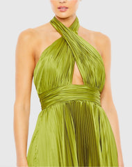 Green Pleated Halter Neck Asymmetrical Hem Gown