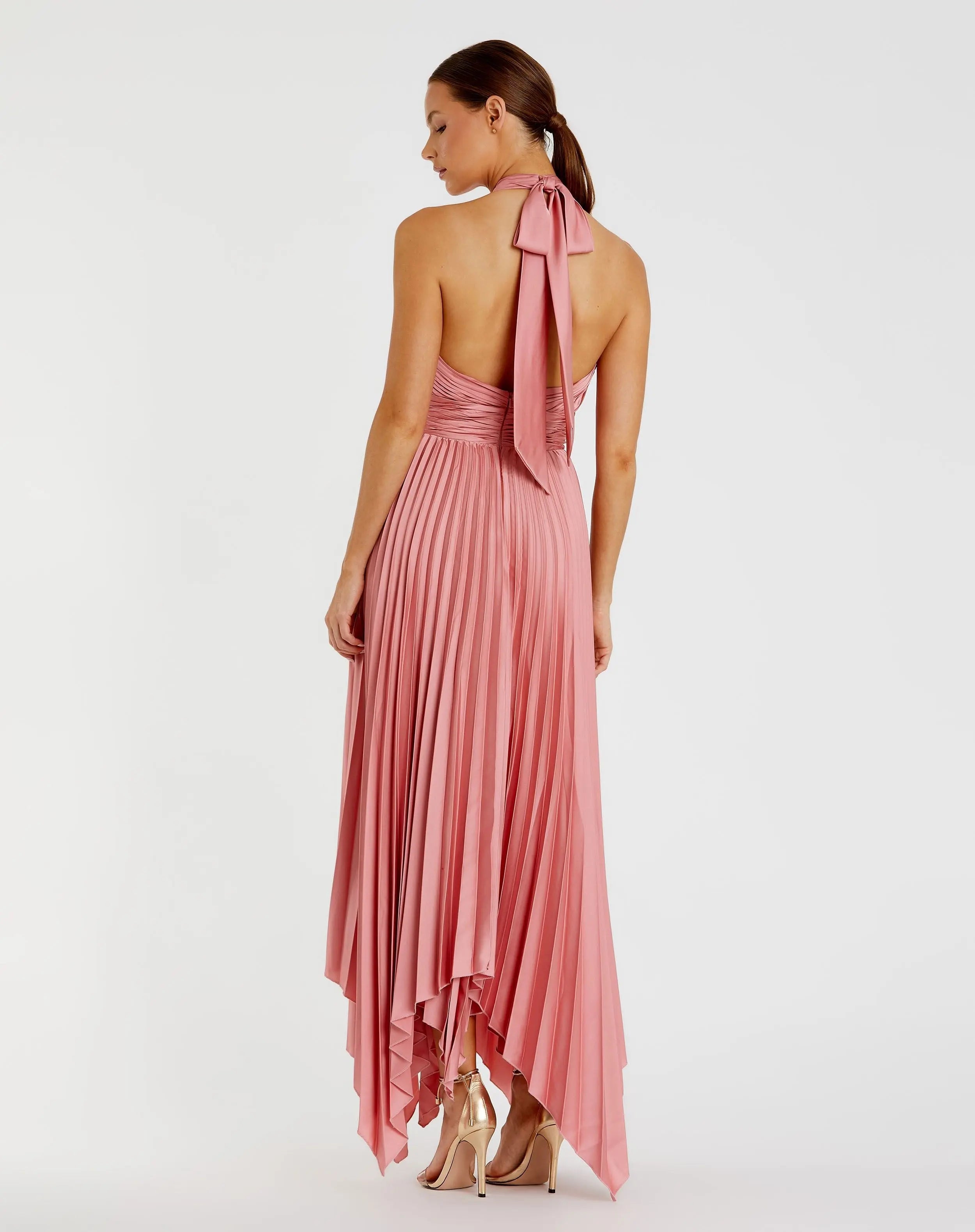 Pink Pleated Halter Neck Asymmetrical Hem Gown - FINAL SALE