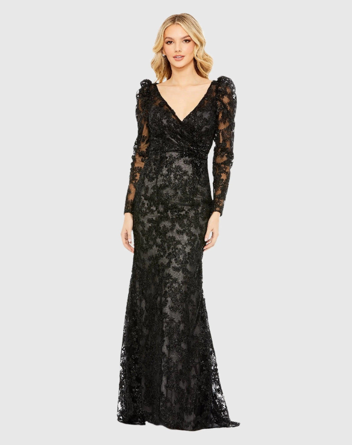 Black Embroidered Lace Puff Sleeve Wrap Over Gown