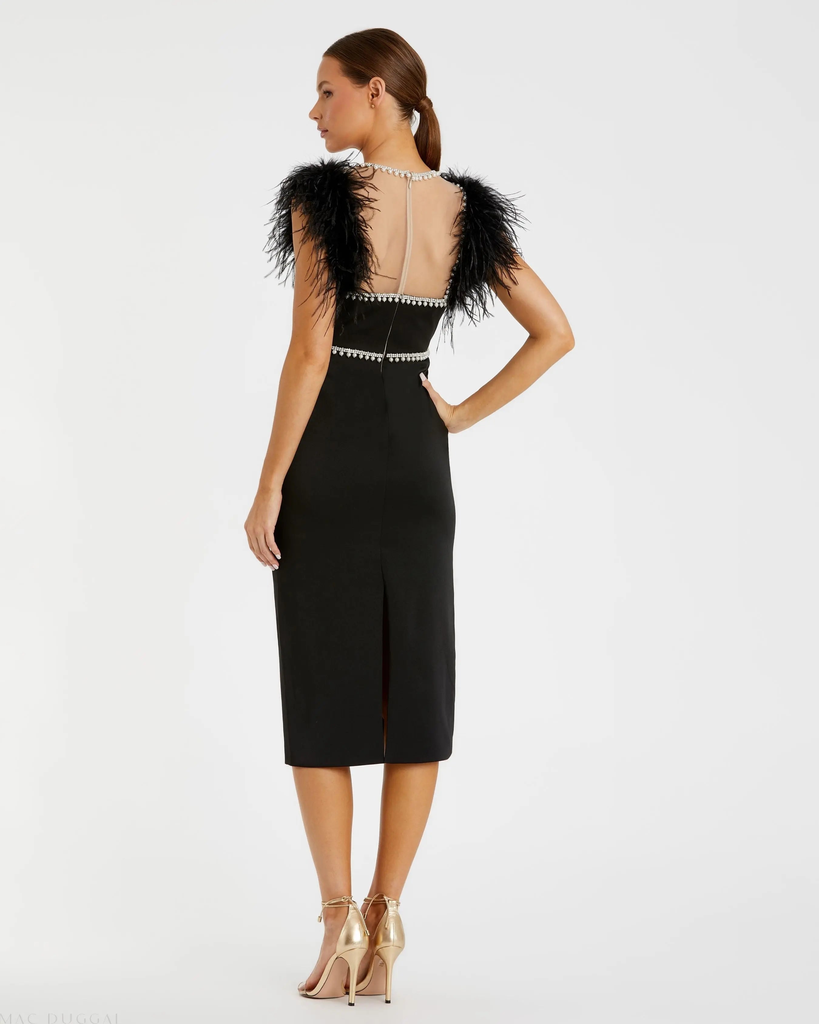 Black Feather Cap Sleeve Pearl Embellished Tea-length Dress