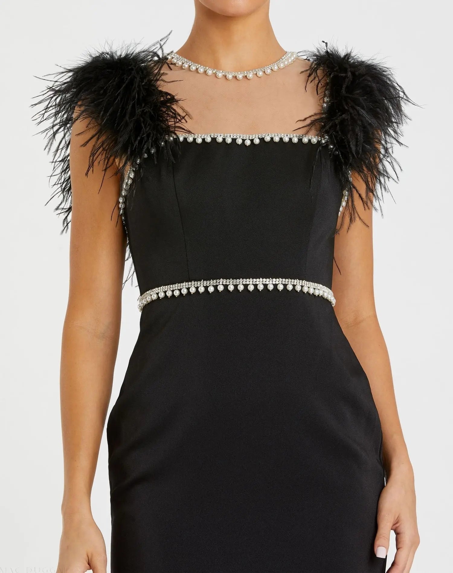 Black Feather Cap Sleeve Pearl Embellished Tea-length Dress