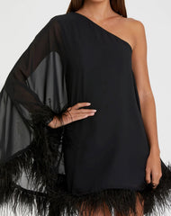 Black One Shoulder Trapeze Dress with Feather Trim