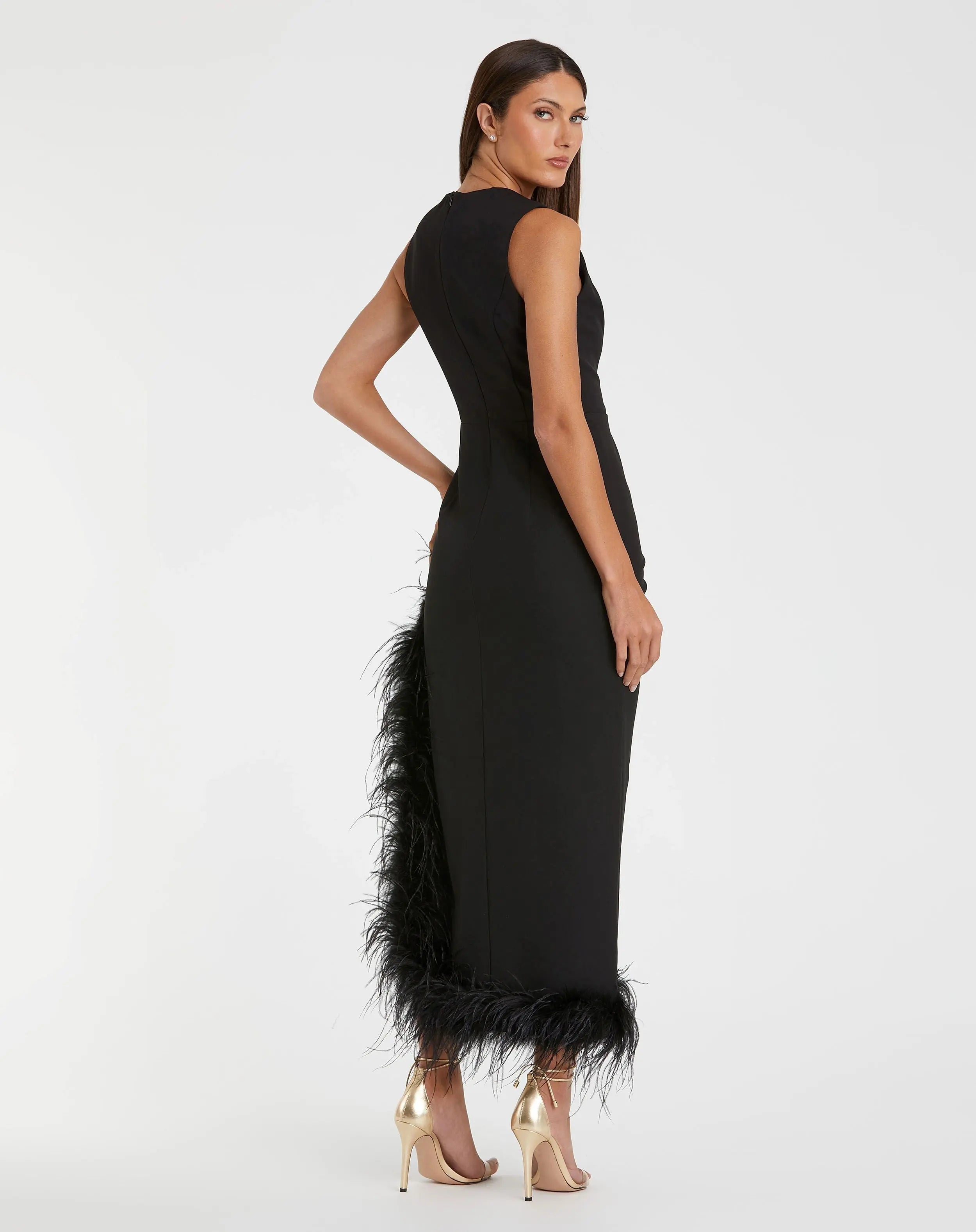 Black Ruched High-Low Sheath Dress with Feather Trim