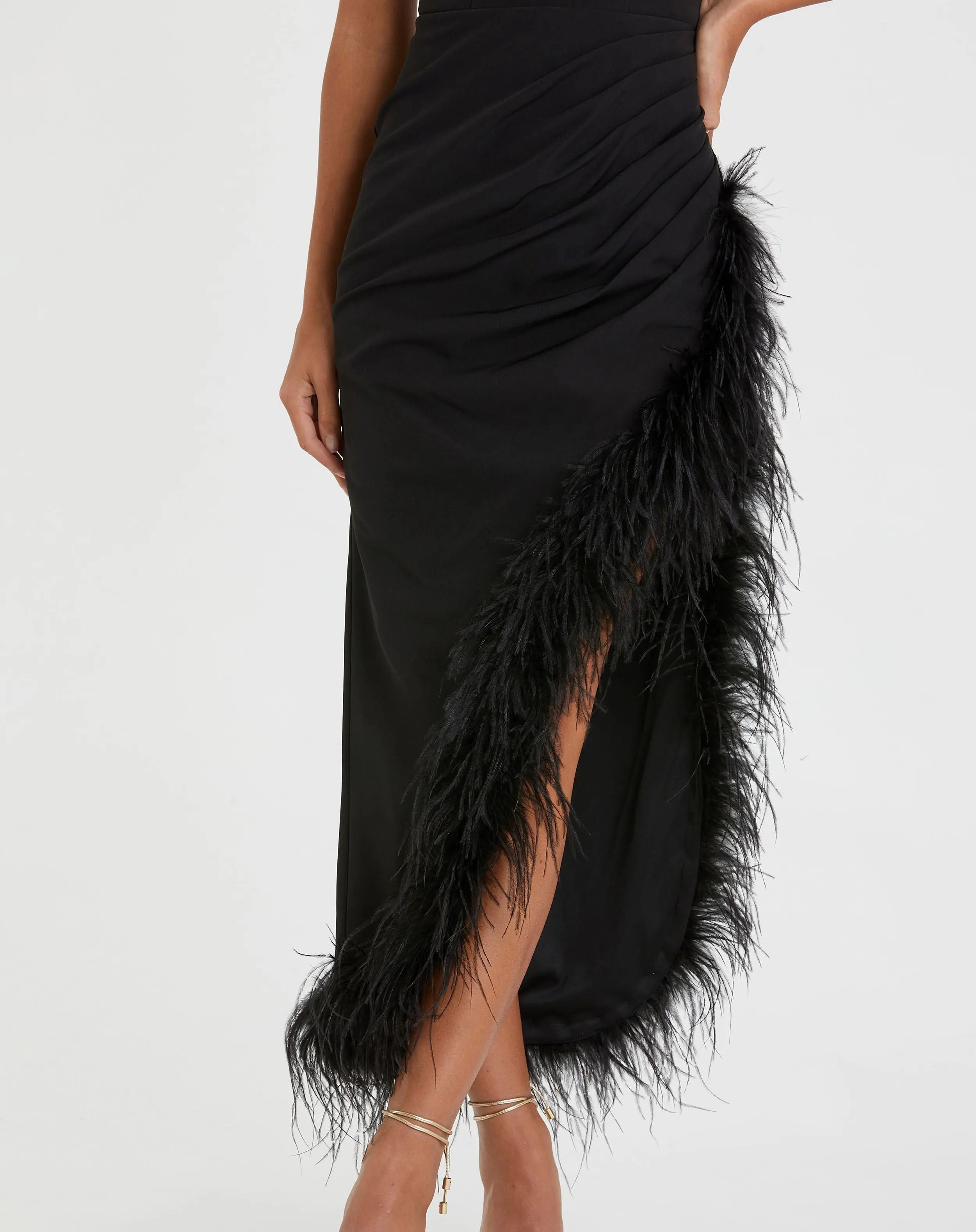 Black Ruched High-Low Sheath Dress with Feather Trim