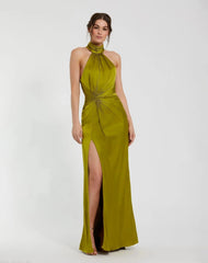 Dark Green Open Back High Neck Side Ruched Gown