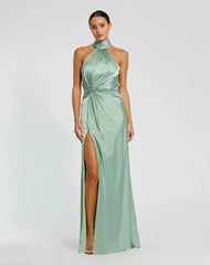 Green Open Back High Neck Side Ruched Gown