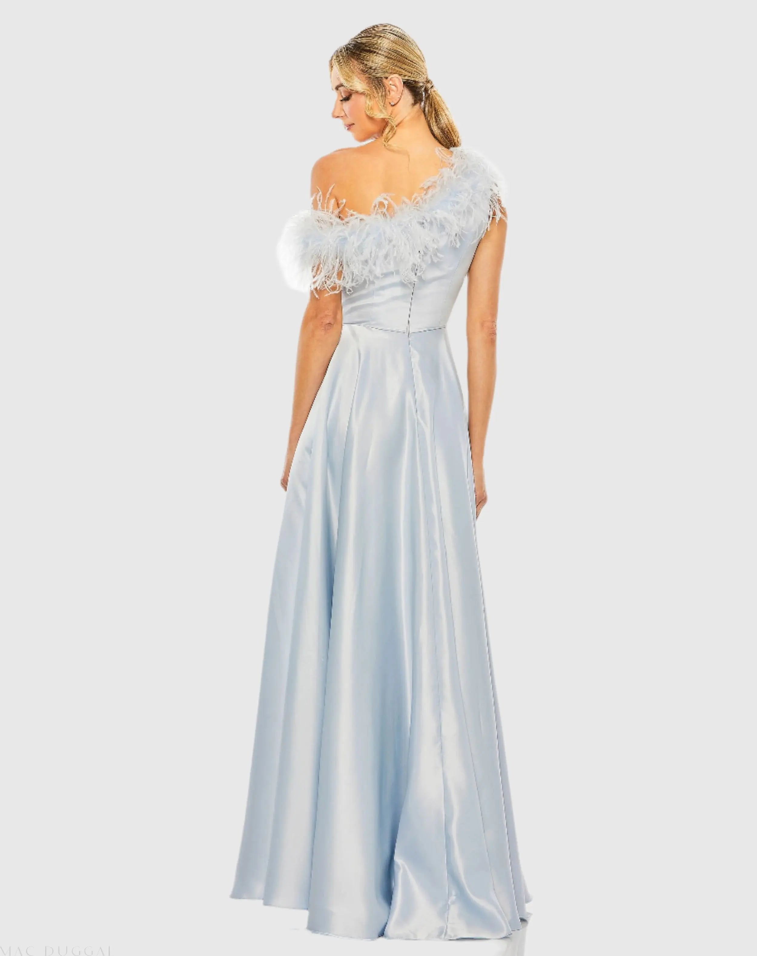 Blue One Shoulder A Line Gown With Feather Detail