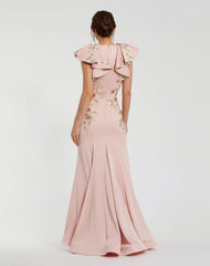 Pink Flutter Sleeve Embellished Mermaid Gown
