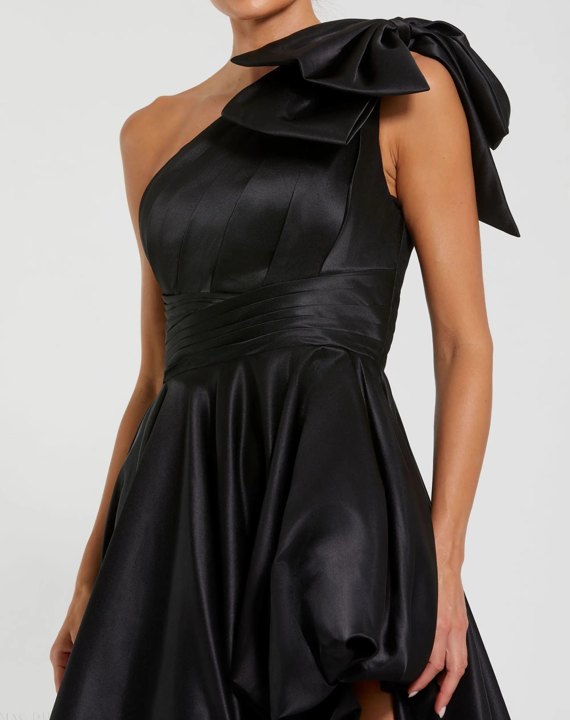 Black Satin One Shoulder Bow Gown